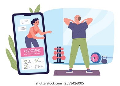 Old man online trainer. Personal sport coach in smartphone app, elder senior person workout training fit physical exercise in gym with video fitness instructor vector illustration original artwork