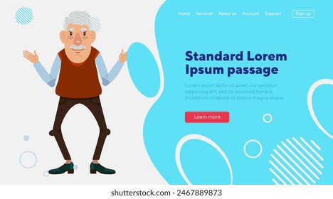 Old man with open hands flat vector illustration. Senior man with moustache greeting someone. Retirement, gesturing concept for banner, website design or landing page