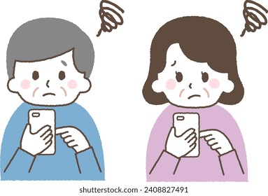 An old man operating a smartphone. A face that looks like it's having trouble operating it.