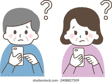 An old man operating a smartphone. A face that looks like it's having trouble operating it.