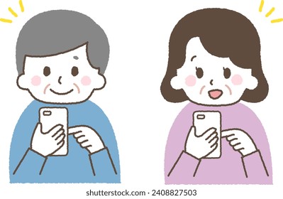 An old man operating a smartphone. Illustration of grandpa and grandma.