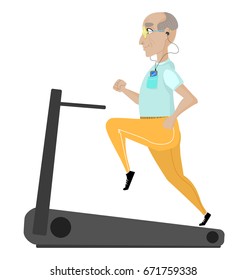 Old Man In Orange Pants Runs On The Running Track While Listening To Music