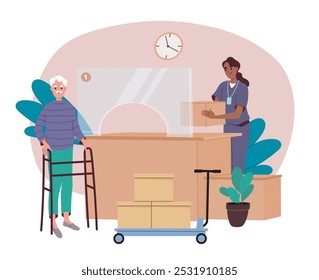Old man with parcel. Woman giving cardboard box to elderly man. Online shopping and delivery. Logistics and distribution. Flat vector illustration isolated on white background
