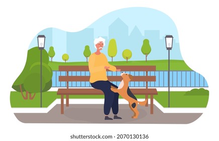 Old man in park. Character sits on bench with dog. Pensioner resting on air. Nature, outdoor. Man walking with his pet, rest, vacation. Animal, city, wildlife. Cartoon flat vector illustration