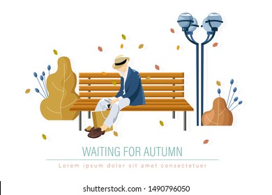 Old man in the park Vector. Fall season banner poster flat style