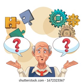 old man patient of alzheimer disease with interrogation sign and gears vector illustration