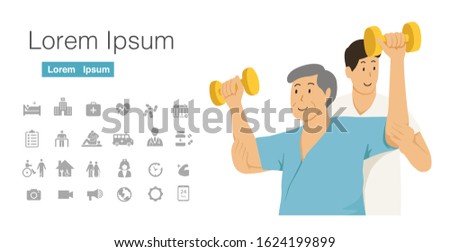 old man patient exercise with male physical therapist support. Cartoon character design with medical rehabilitation icon set