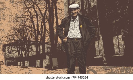 Old man pensioner with a medal on the background of the old city. Engraving Style. aspect ratio 16:9. Vector Illustration 