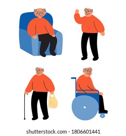 Old man pensioner. Set of hand drawn illustrations on white background. 