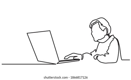 Old Man Old Pensioner Sitting Working At A Laptop Computer On The Internet. One Continuous Drawing Line, Logo Single Hand Drawn Art Doodle Isolated Minimal Illustration.Old Man Old Pensioner Sitting.