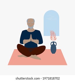 Old man performs yoga exercises. Meditation, asana, workout at home, healthy lifestyle. Pensioner, cartoon character, flat style. Concept, poster, banner, vector illustration