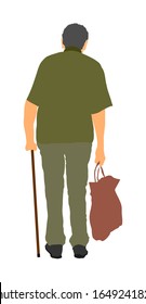 Old man person with stick. Elder senior walking alone vector isolated on white. Mature old people active life. Grandfather with crutches outdoor in park. Health care in nursing home. Lonely grandpa.