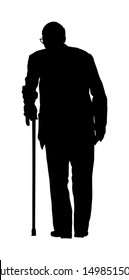 Old Man Person With Stick Silhouette. Happy Elderly Senior Walking Alone Vector Isolated On White. Mature People Active Life. Grandfather Outdoor In Park. Health Care In Nursing Home. Lonely And Sad.