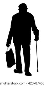 Old man person vector silhouette walking with stick. Vector character isolated on white background. Healthy senior with shopping bag outdoor activity.