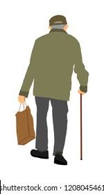 Old man person vector walking with stick, isolated on white background. Healthy senior with shopping bag outdoor activity. Grandfather go to shopping. 