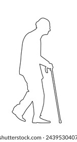 Old man person walking with stick silhouette illustration. Elderly senior walking vector isolated. Mature person active life. Grandfather line contour outdoor in park. Health care in nursing home. 