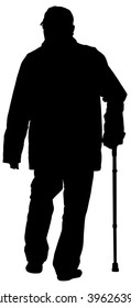 Old man person walking with stick, isolated on white background. Man with crutches vector silhouette illustration isolated on white background. disabled man on crutches.