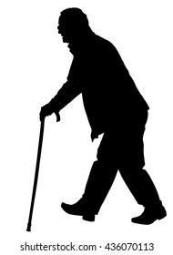 Old man person walking with stick. Vector character isolated on white background. Senior mature, old people active life. Old man person walking with stick. Grandpa vector silhouette.