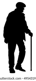 Old Man Person Walking With Stick. Vector Silhouette Character Isolated On White Background. Senior Mature, Old People Active Life. Health Care Concept.  Grandpa Silhouette. Retail Senior In Park.