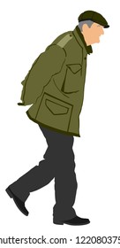 Old man person walking vector illustration. Grandpa vector character isolated on white background. Senior mature health care. Old people active life. Grandfather outdoor with hat and autumn jacket.
