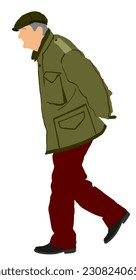 Old man person walking vector illustration isolated on white background. Active grandpa. Senior mature health care. Old people active life. Grandfather outdoor with hat in autumn jacket.