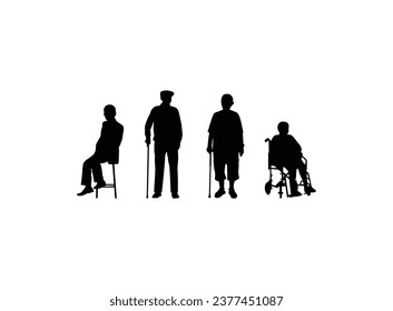 Old man persons walking with stick. Grandpa and grandmother vector silhouette illustration. Senior mature persons in many pose, casual active life. Vector silhouette of old people on white background.