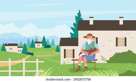 Old man with pet cat vector illustration. Cartoon elderly senior male character sitting on bench outdoor in house garden or park, hugging own kitten, relax with cat animal in summer nature background