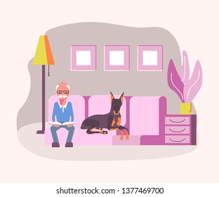 Old man pet owner sitting on sofa and reading the book. The dog is sleeping near. Flat Art Vector illustration