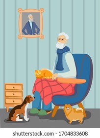 Old man and pets. Grandfather with different puppies and cat. Dog and cat owner. Dog and cat owner. Vector illustration