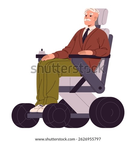 Old man with physical disability is on electric wheelchair. Granddad rides on modern wheel chair. Senior person with mobility challenges sits on powerchair. Flat isolated vector illustration on white.