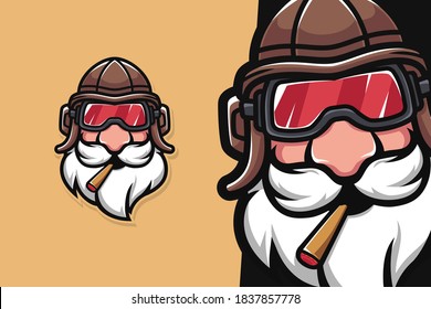 Old Man In The Pilot Helmet. Mascot Vector Illustration