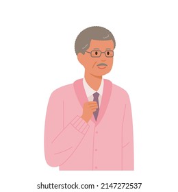 An Old Man In A Pink Cardigan And Tie Is Clenching His Fists In A Triumphant Pose. Flat Design Style Vector Illustration.