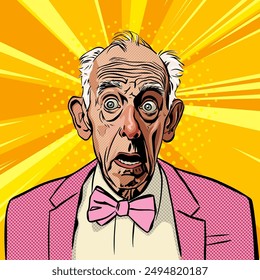 An old man in a pink jacket with a bow tie opens his mouth in amazement and widens his eyes, comic pop art vector illustration