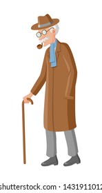 Old man with a pipe and a cane, wearing brown coat, hat and glasses