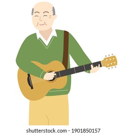 Old man play acoustic guitar, Smile face, performer, Flat vector, Cartoon, Illustration, White Background, Isolated