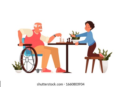Old man play chess with his grandson. Peope sitting at the table with chessboard. Chess tournament between old and young boy. Isolated vector illustration in cartoon style