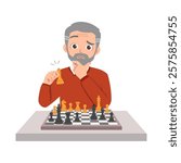 old man playing chess and feel happy