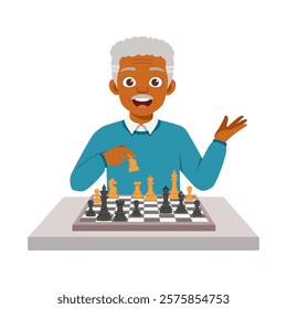 old man playing chess and feel happy