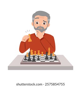 old man playing chess and feel happy