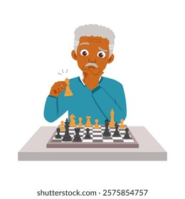 old man playing chess and feel happy