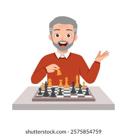 old man playing chess and feel happy