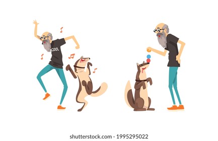 Old Man Playing and Dancing with his Dog Set, Lonely Senior Man Having Good Time with his Pet Animal Cartoon Vector Illustration