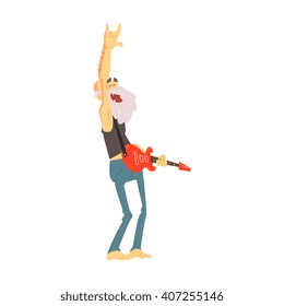 Old Man Playing Electro Guitar Cute Cartoon Style Isolated Flat Vector Illustration On White Background