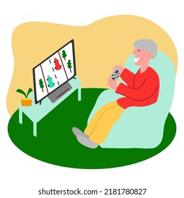 Old man playing game with cars on gamepad, elderly people using technology concept, vector