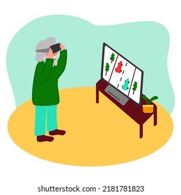 Old Man Playing Game With Cars Using VR Headset, Elderly People Using Technology Concept, Vector