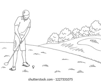 Old man playing golf graphic black white landscape sketch illustration vector