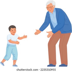 Old man playing with little boy. Happy kid with grandfather isolated on white background