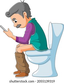 The old man is playing the mobile phone while he is pooping of illustration