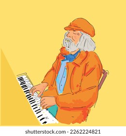 old man playing the piano while smoking