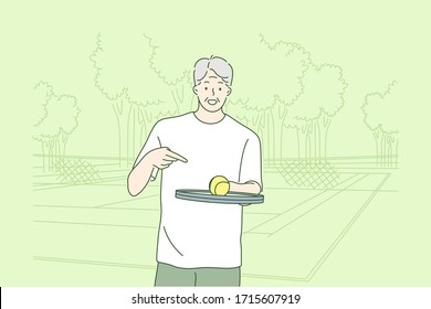 Old Man Playing Tennis Concept. Happy Grandfather Oldster Senior Citizen Cartoon Character Standing With Ball And Racket Game On Court Looking Straight At Camera. Sport Recreation And Active Lifestyle